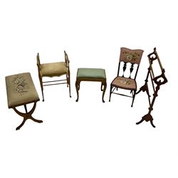 Needlework dressing stool,  narrow mahogany stool, walnut dressing stool, towel rail and a needlework chair
