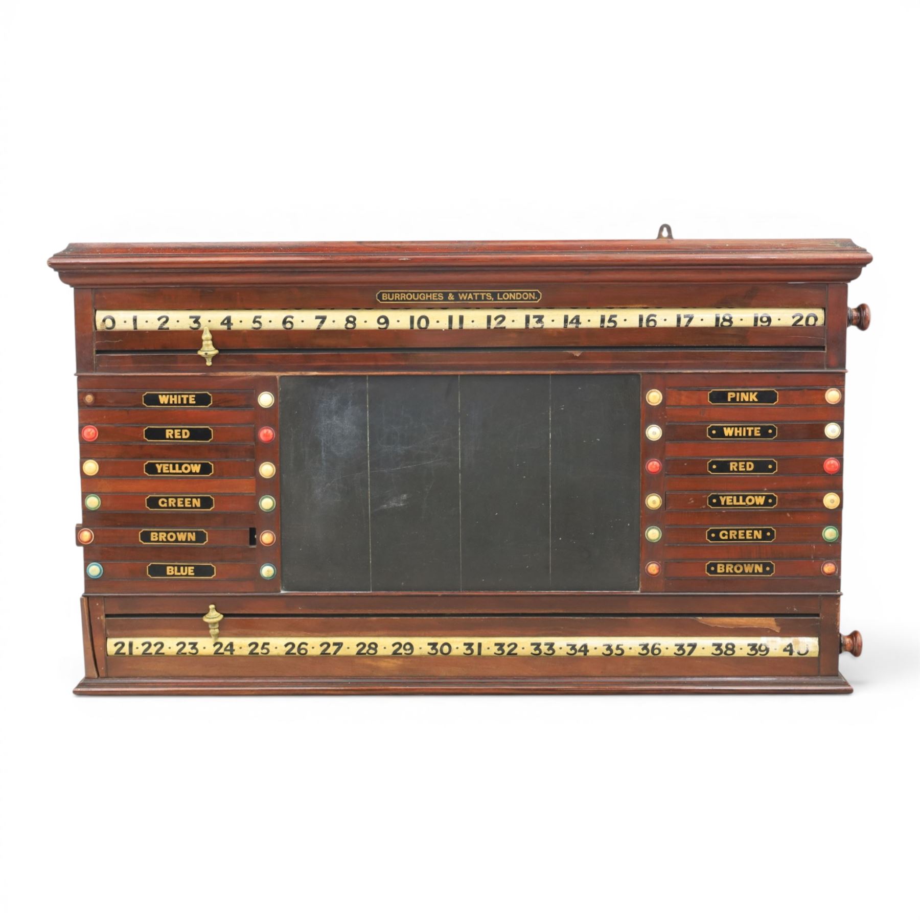 Snooker and Billiard accessories including a Thurston & Co Ltd snooker scoreboard, and Burroughes & Watts, London, billiard ball storage cabinet and white scorer
