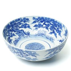 Japanese blue and white bowl, the central bowl painted with bird, surrounded by a border o...