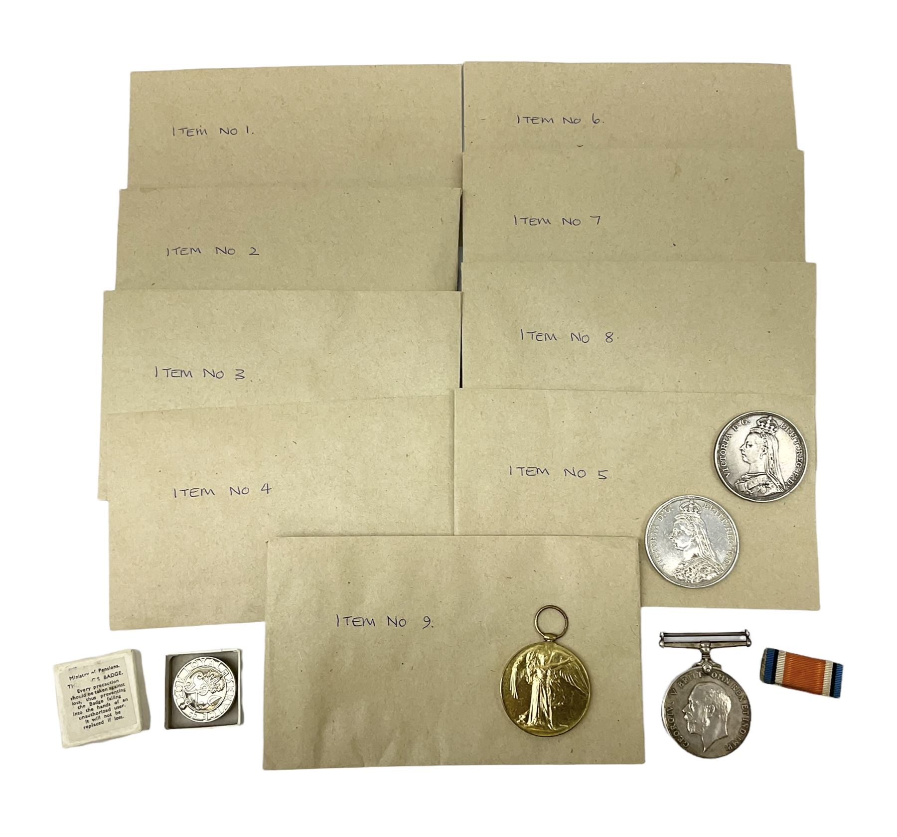 Mostly Great British coins including Queen Victoria 1887 and 1888 crowns, pre-decimal coinage, various five pound coins etc and a WWI War and Victory medal pair named to '16903 PTE. H. SCHOFIELD. 2-CO. OF LOND. Y.'