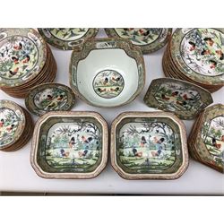 1930's Chinese porcelain dinner service, hand-painted in enamels with Cockerels and birds in a garden setting, comprising eleven dinner plates, eleven tea plates, nine canted square plates, twelve soup bowls, two tureens and covers and a large serving bowl 