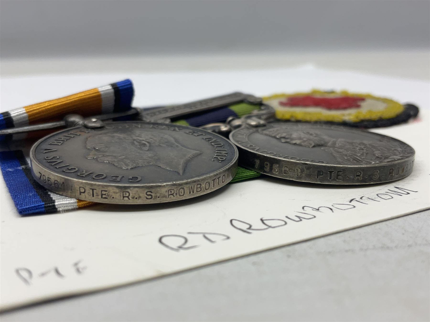 George V India General Service Medal with Afghanistan N.W.F. 1919 clasp and WW1 British War Medal awarded to 79561 Pte. R.D. Rowbottom R.A.M.C.; both with ribbons; card mounted with cap badge and Medical Corps cloth badge