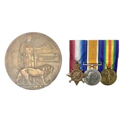 WW1 group of three medals comprising British War Medal, 1914-15 Star and Victory Medal together with bronze Memorial Plaque named to 18397 Pte. E. W. Marchant Y. & L. R.; with ribbons; displayed on modern board for wearing