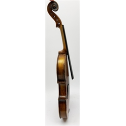  Late 19th century German violin for completion with 36cm one-piece maple back and ribs and spruce top, bears label Copie De Albani Palermo 1633, 59cm overall together with three books on violin construction, restoration and varnishing  