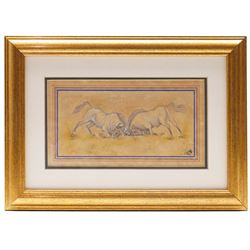 After Muhammad Daulat or 'Dawlat' (Mughal School fl.1595-1640): Water Buffalo Fighting, ink watercolour and gold on paper indistinctly signed 12cm x 22cm; together with two further Mughal pictures, depicting a composite camel and rider, and a Prince and harem in a garden setting (3)