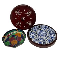  Losol Ware Jazzette by Goucher bowl, together with modern Chinese wooden Lazy Susan with mother-of-pearl inlay and fitted blue and white porcelain dishes