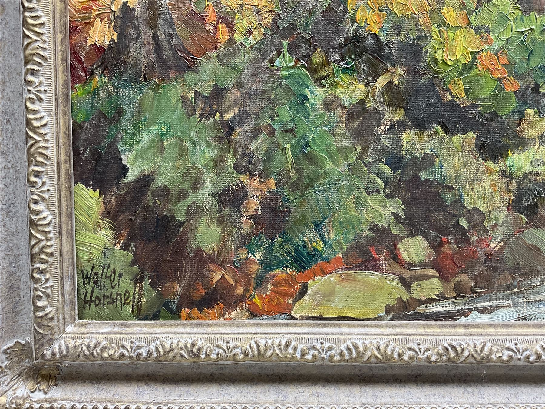 Walter Cecil Horsnell (British 1911-1997): 'Bridge End Ramsgill' Yorkshire Dales, oil on artist's board signed, titled and dated 1979 on original receipt verso 48cm x 58cm