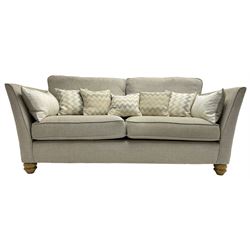 Oak Furnitureland - three-piece lounge suite upholstered in grey fabric, large three-seat sofa (W238cm, D106cm), two-seat sofa (W209cm), and snuggler sofa (W129cm)