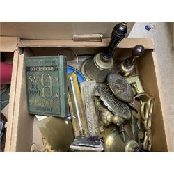 Collection of brassware and other items, including bed pans, door knockers, propella, copper light fitting, coat hooks etc, five boxes