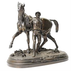 After Pierre Jules Mene (French 1810-1879): Vainqueur!!!, bronze equestrian group of a Derby jockey leading his horse on naturalistic moulded oval base, titled signed and dated 1866, H37cm W43cm