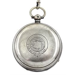 Early 20th century silver fusee lever pocket watch by E.Wise, Manchester, white enamel dial with Roman numerals, case by William Ehrhardt Ltd, Birmingham 1915, on silver Albert chain, each link hallmarked
