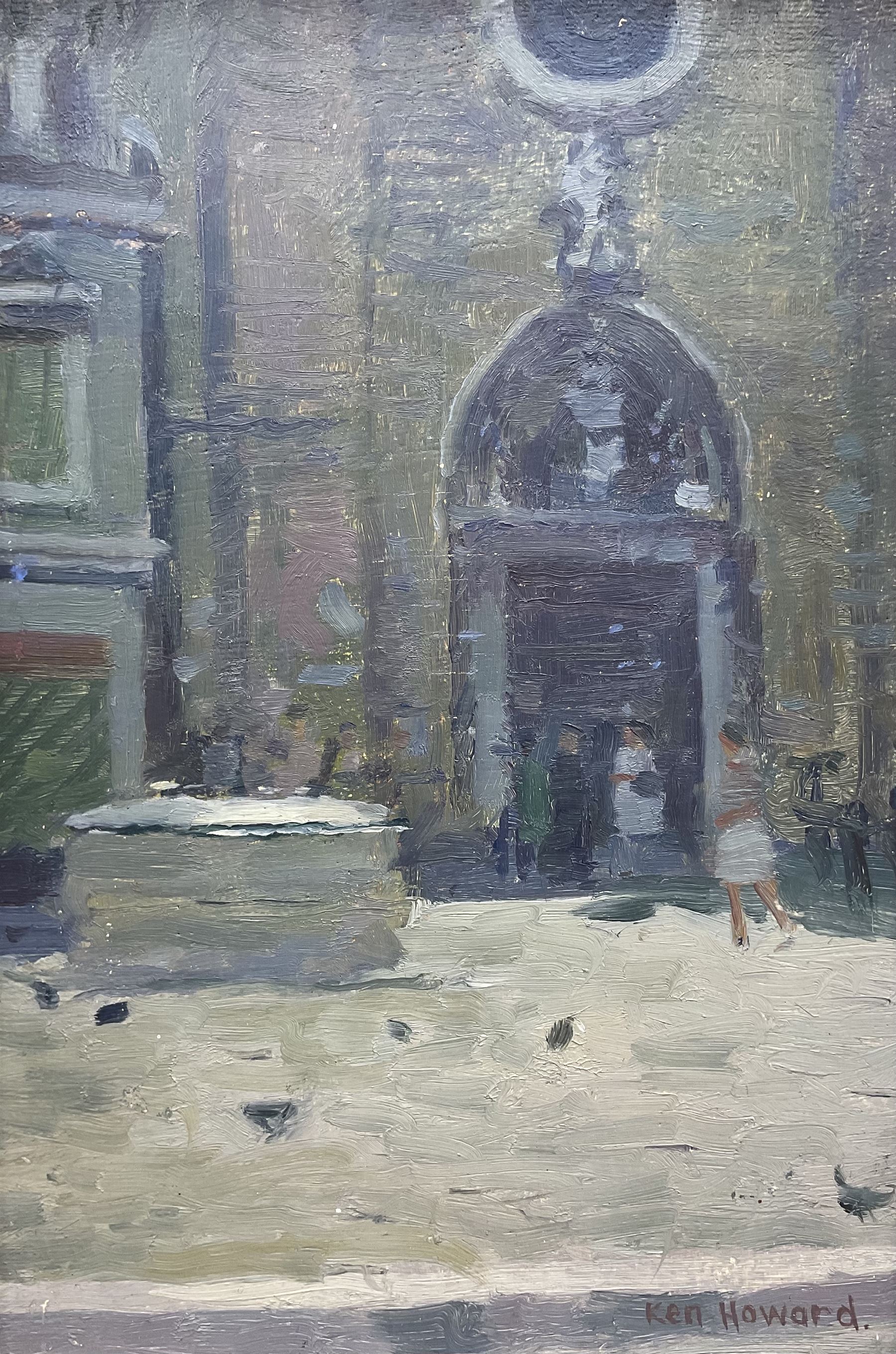 Ken Howard RA (British 1932-2022): 'Venice Campo dei Frari', oil on board signed, titled verso with artist's address 22cm x 14cm