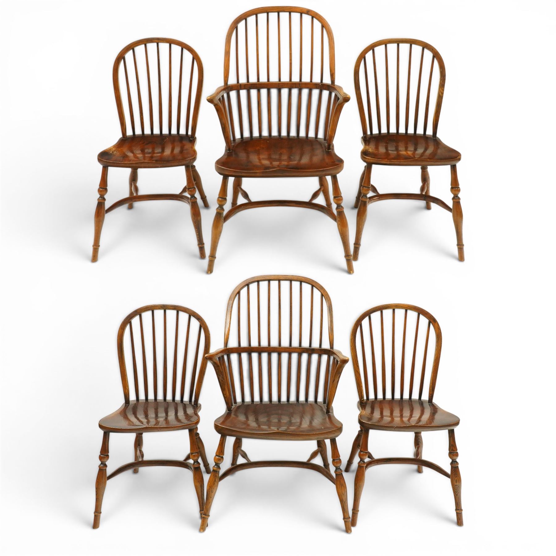 Batheaston Bespoke Furniture Harrogate - set of six (4+2) oak Windsor dining chairs, hoop and stick backs over shaped saddle seats, raised on turned supports united by crinoline stretcher