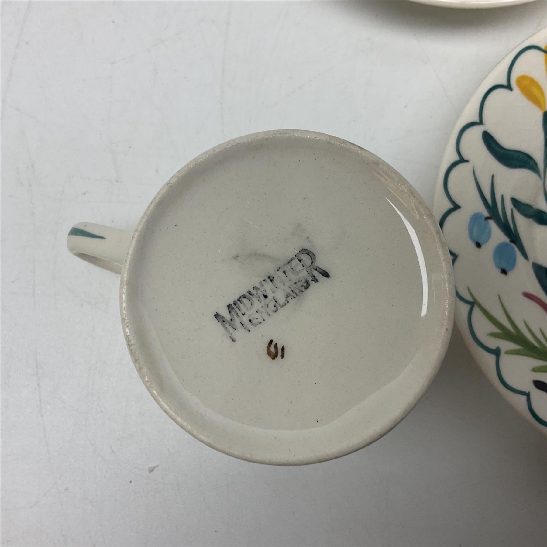 Set of six Midwinter Stylecraft Bella Vista coffee cups and saucers, pattern designed by Jessie Tait