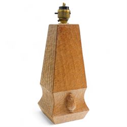 Rabbitman - tooled oak table lamp, tapered and squared stem with concaved base, carved wit...