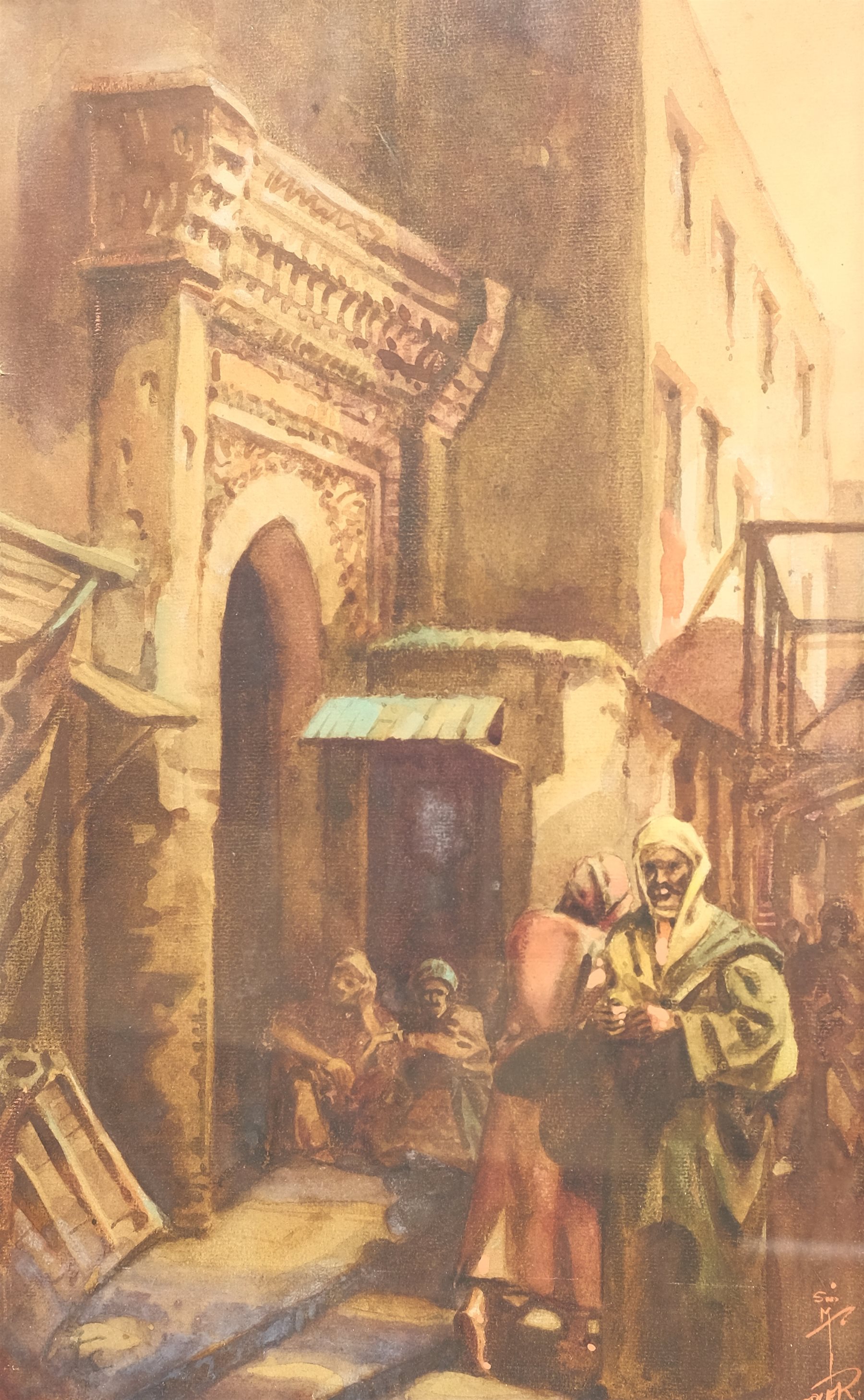 Erler (Early 20th century): Figures in a North African Street, watercolour and gouache indistinctly signed 45cm x 28cm