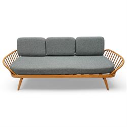 Lucian Ercolani for Ercol - 'Studio Couch' model no. 355, elm and beech framed with grey upholstered loose cushions