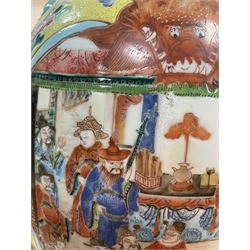 19th century Chinese famille rose yellow ground porcelain vase, of baluster form with twin applied mask ring handles, the body decorated with two shaped reserves mounted with dragon heads, depicting warriors at battle and at court, the neck with two smaller conforming figural reserves, upon a yellow ground decorated with exotic birds amidst scrolling blossom, H45.cm