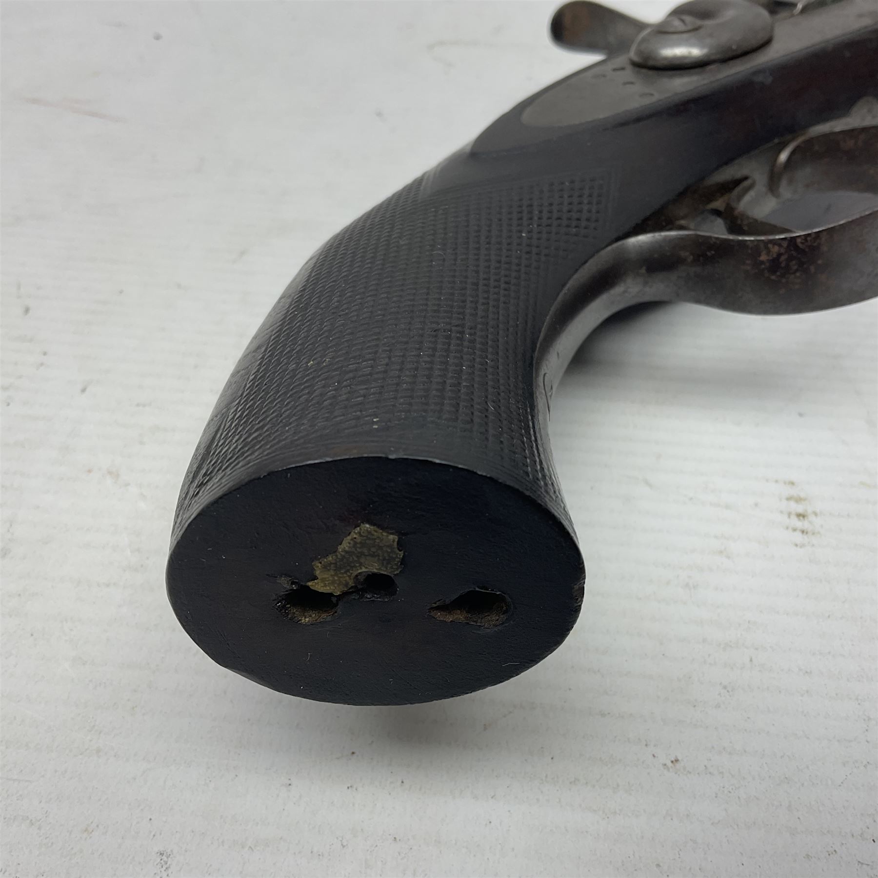 19th century George Gibbs of Bristol .461 cal. muzzle loading percussion match rifle with 28cm cut-down barrel and cut-down stock, Metford type rifling, fitted with additional three folding leaf rear sight to 400yds, back action sight still fitted to tang, maker's name to lock and top of barrel, serial no.439. L46.5cm overall