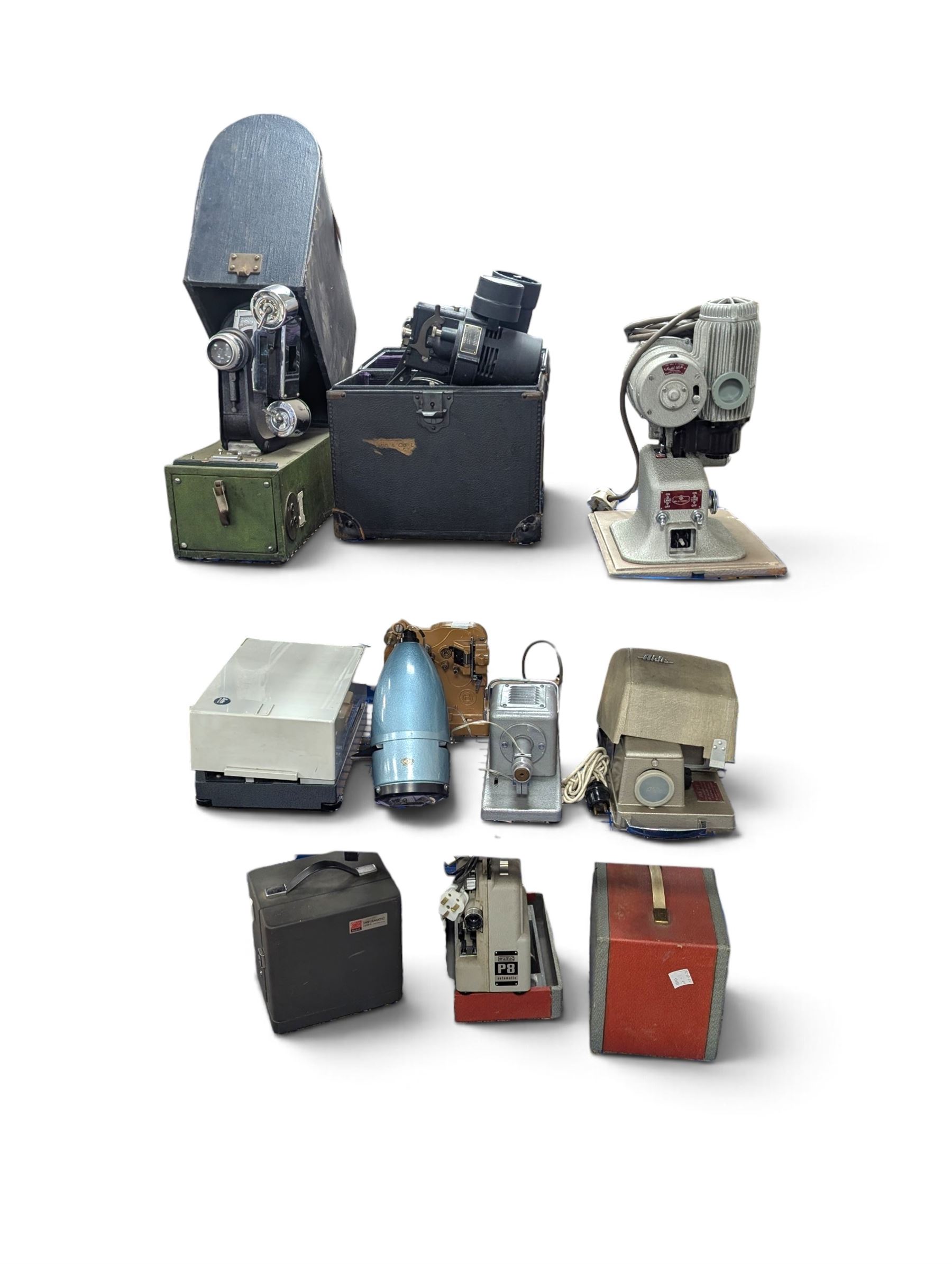 Collection of projectors, including Bell & Howell 613 cine projector, E J Arnold slide projector, Bolex home projector, Aldis 303, Bell & Howell Filmo 57 model projector, Leitz Wetzlar Pradovit Color, Kodak Instamatic M55L movie projector and a Gnome slide projector