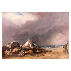 Follower of John Sell Cotman (British 1782-1842): Fishermen Resting on the Norfolk Coast, oil on canvas unsigned 41cm x 59cm