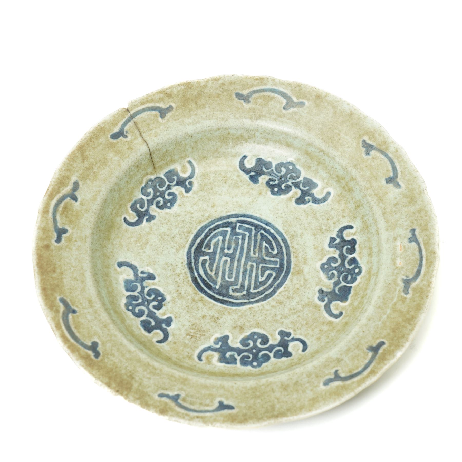 Chinese celadon dish, painted with bats in underglaze blue and with central Shou character to bowl, bearing apocryphal four character Chenghua mark to base, D26cm