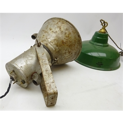  Industrial cast metal light fitting by R.E.A.L, H34cm and Benjamin style green enamel light fitting (both re-wired)   