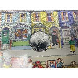 The Royal Mint United Kingdom 2021 brilliant uncirculated annual coin set in card folder, Bailiwick of Guernsey 2021 'Mr Benn' fifty pence coin collection in card folder, United States of America 1889 silver Morgan dollar, part filled coin folders etc

