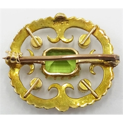  Edwardian gold peridot and seed pearl brooch stamped 15ct  