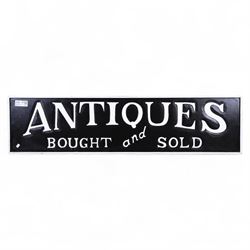 Wooden reproduction advertising sign Antiques bought and sold, H30cm, L120cm