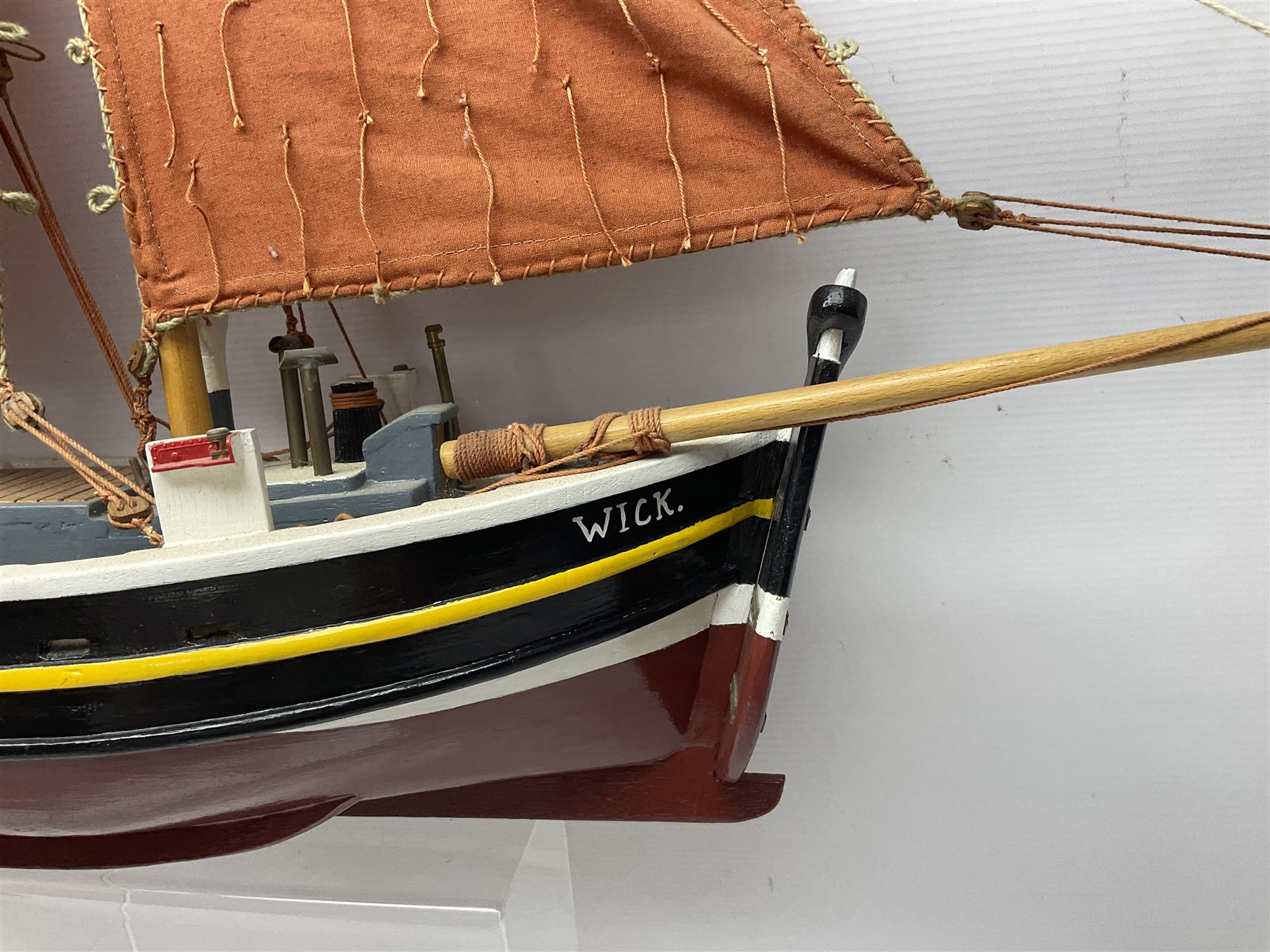 Wooden model of the Peterhead Herring Fishing Boat, Love Divine, PD404. on stand together with Wick Herring Fishing Boat, Galilee WK.1. on stand, L105cm, H64cm