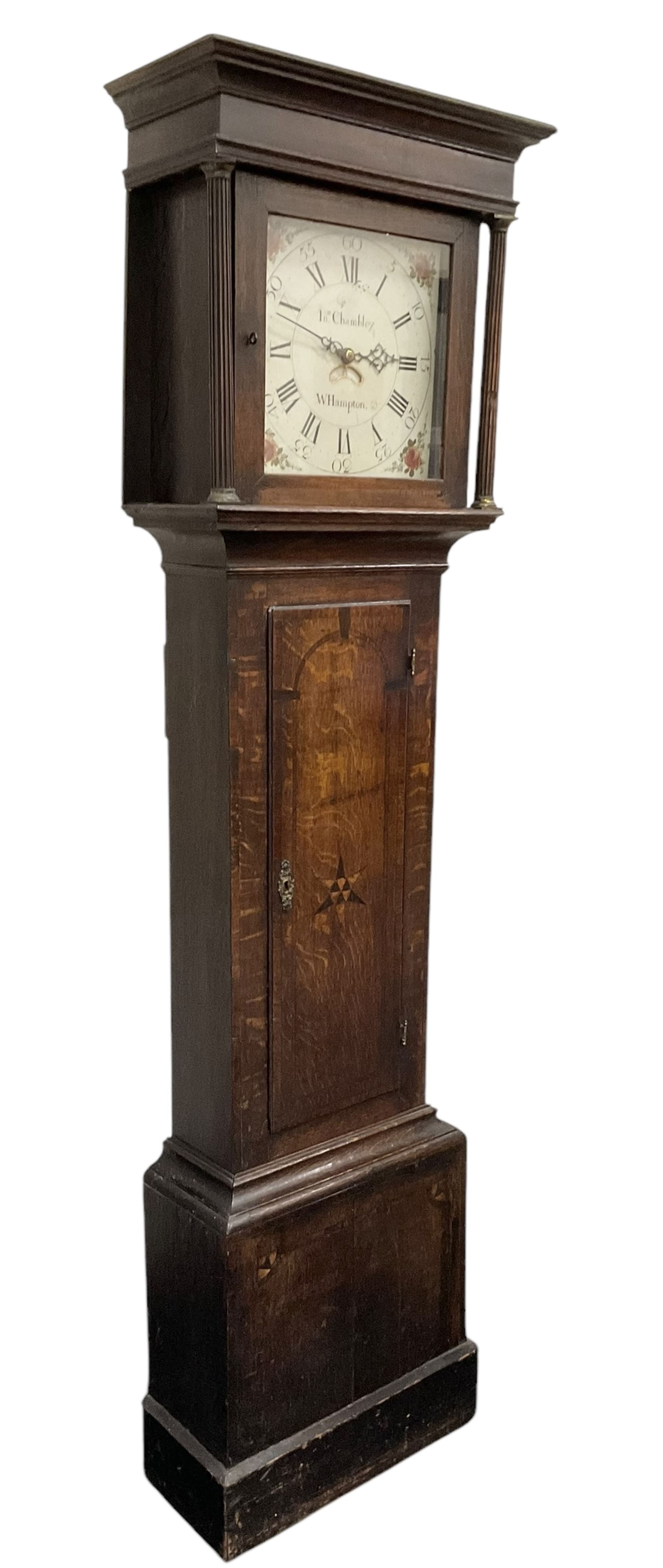 John Chambley of Wolverhampton - George III oak cased 30hr longcase clock c1790, with a flat topped hood and frieze, square hood door flanked by reeded pilasters with brass capitals, trunk with an inlaid full length door on a square plinth with applied skirting, 12