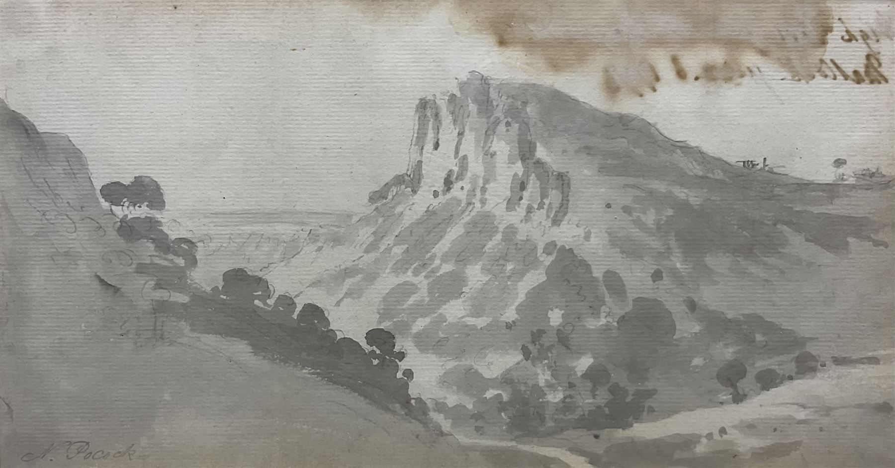 Nicholas Pocock (British 1740-1821): 'High Tor from the Hagwood - Matlock', pencil and wash signed, titled and dated 'June 6 1794' verso 15cm x 28cm 
Provenance: with Abbott & Holder, Museum Street, London, label verso