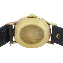 Roamer gentleman's 9ct gold manual wind wristwatch, champagne dial with baton hour markers and date aperture, on black leather strap