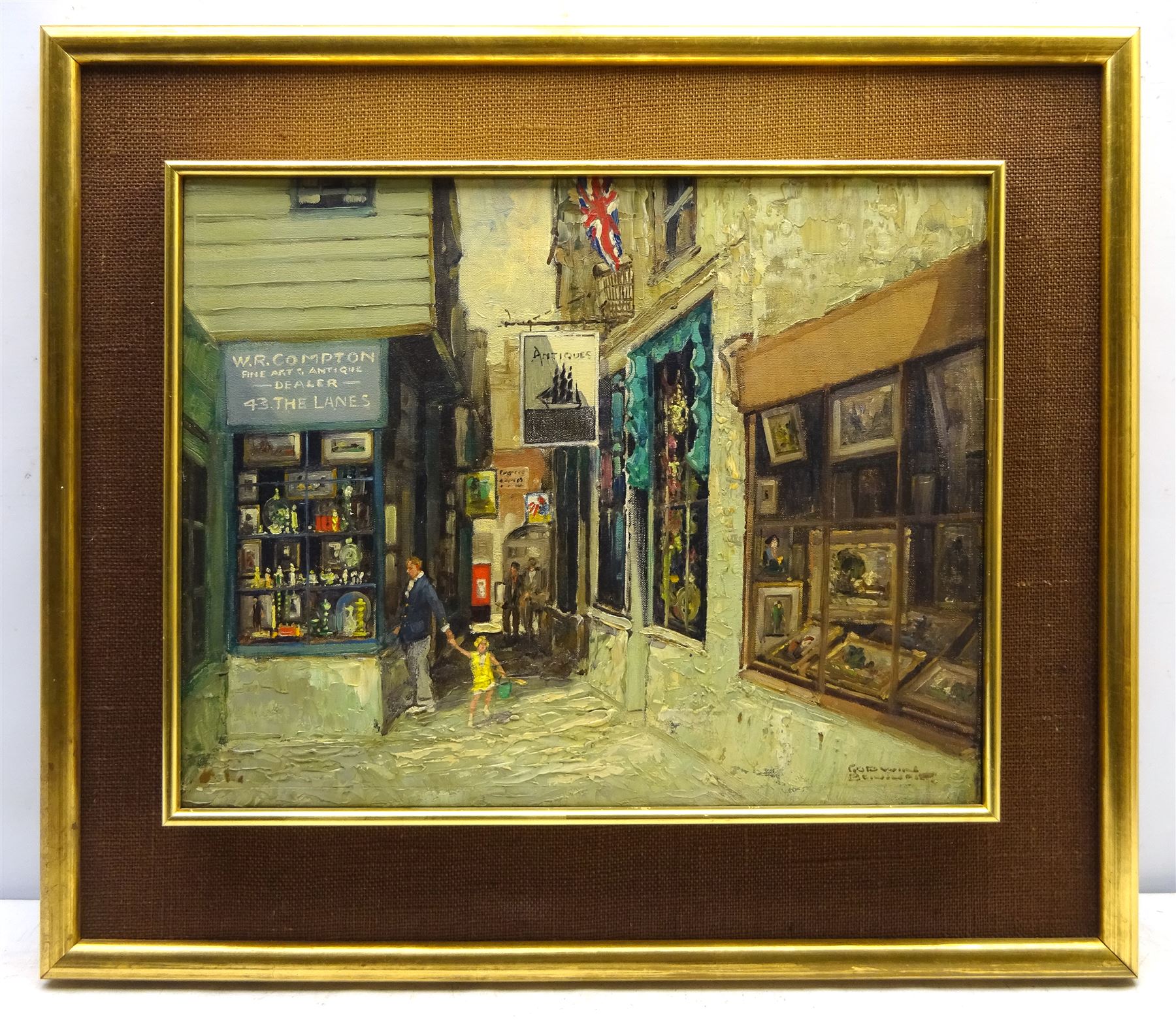 Godwin Bennett (British 1888-1960): Antique Shops - The Lanes Brighton, oil on canvas signed 36cm x 46cm