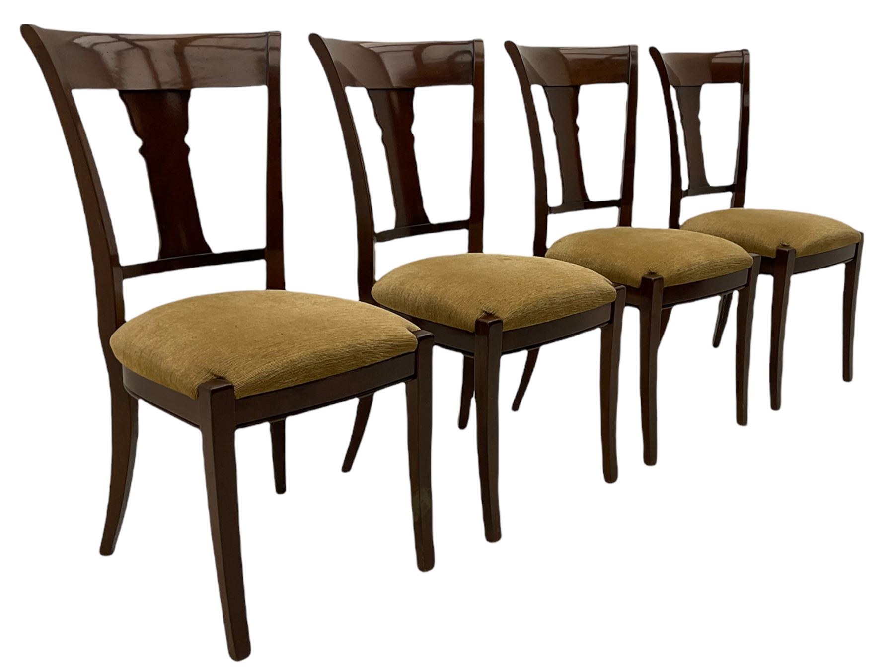 Grange Furniture - cherry wood finish oval extending dining table on square tapering supports, and a set of eight dining chairs with curved backs and upholstered seats 