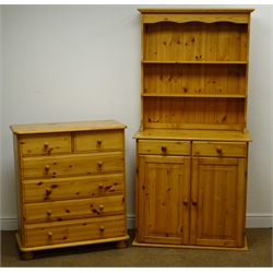  Solid pine small dresser, moulded top, two shelves above two drawers and cupboards (W85cm, H174cm, D43cm) and a pine chest, two short and four long drawers, bun feet (W80cm, H92cm, D40cm) (2)  