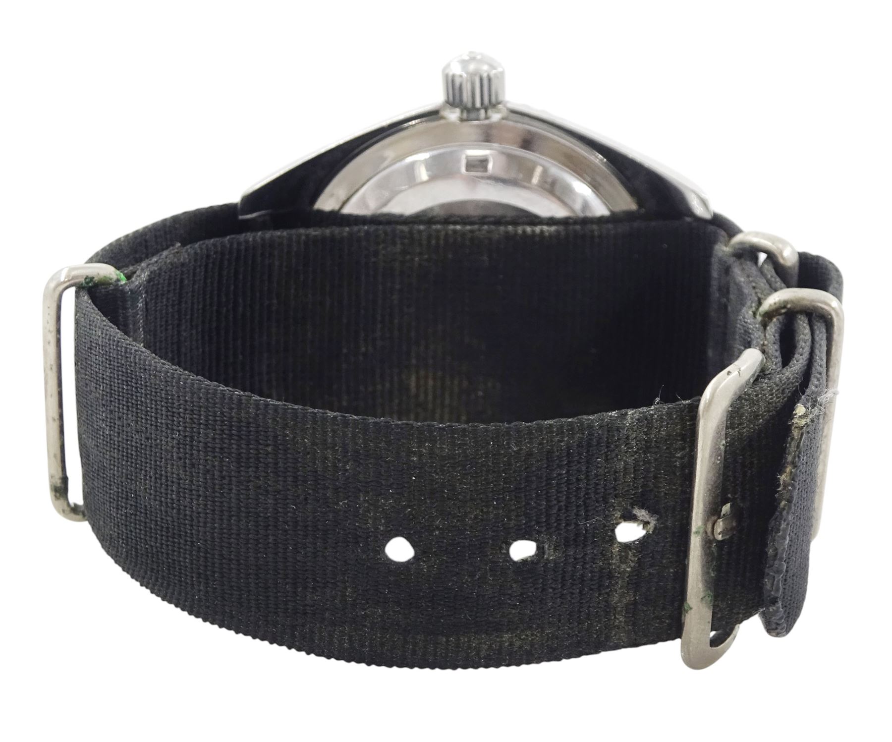 Omega Seamaster 300 gentleman's stainless steel automatic wristwatch, circa 1966, Ref. 165.024, Cal 552, serial No. 23468431, black dial with luminous baton hour markers and Arabic numeral quarters, white outer minute divisions, polished sword hands with luminous inserts, on black fabric strap