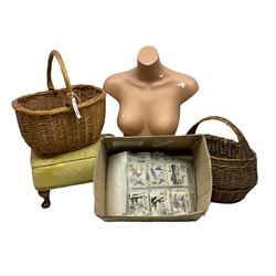 Two weaved baskets, a mannequin body, footstool and various cigarette cards and other ephemera