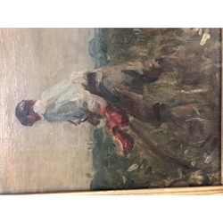  Attrib. Harry Becker (British 1865-1928): Man using a Scythe, oil on canvas-board bearing Clifford Milburn label verso, unsigned 36cm x 43cm  
