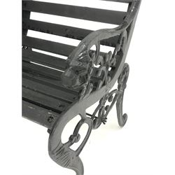 Cast iron framed garden chair with moulded rams head, timber slats