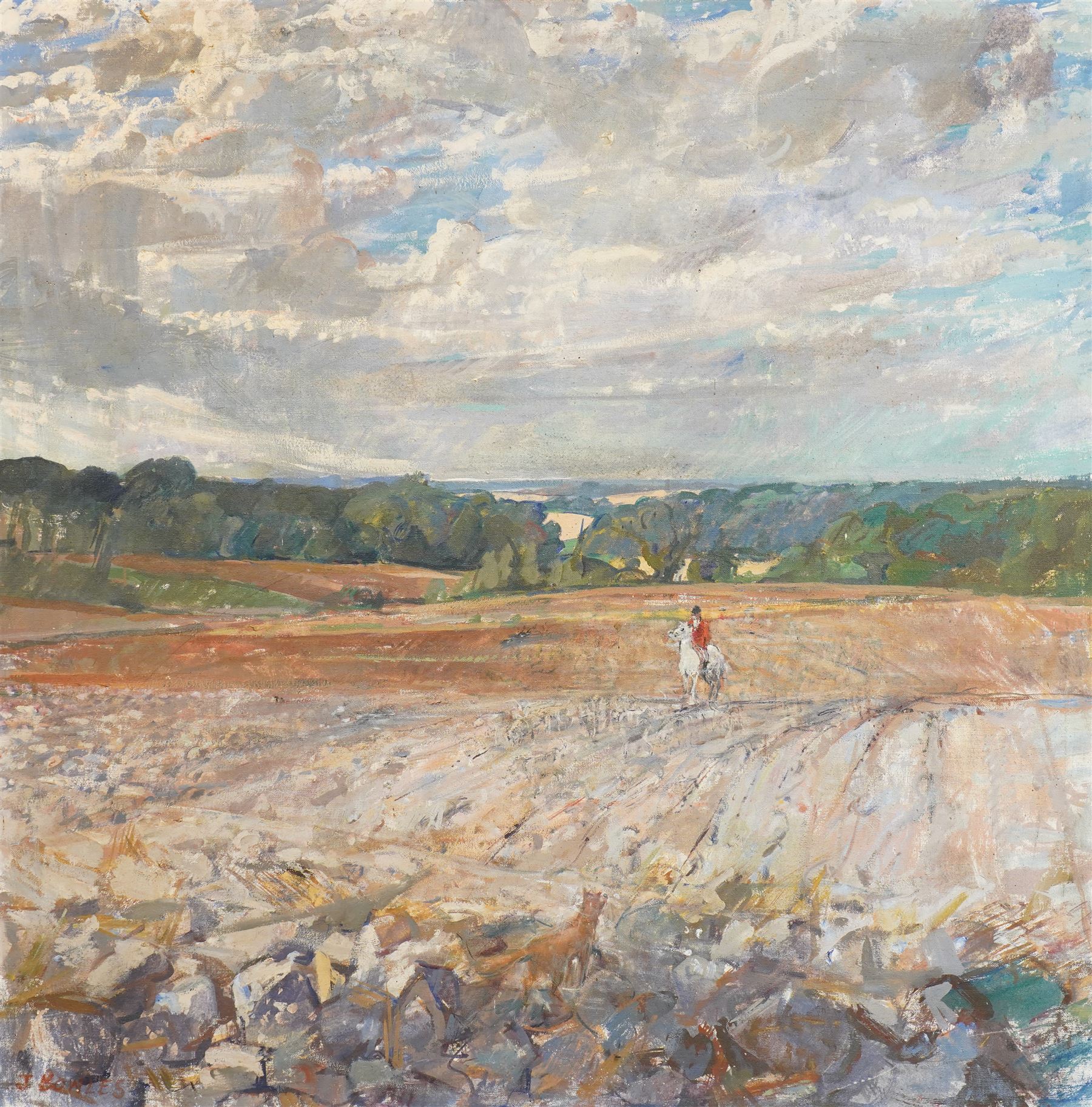John Gilbey Bowles (British 1929-2011): 'The Challenge' - Fox and Hunter, oil on canvas signed, titled on artist's label verso 95cm x 95cm
