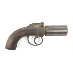 Mid-19th century incomplete six-shot percussion pepperbox revolver, approximately 36 cal., English proof marks, traces of foliate engraving to lock, split walnut grips L21cm