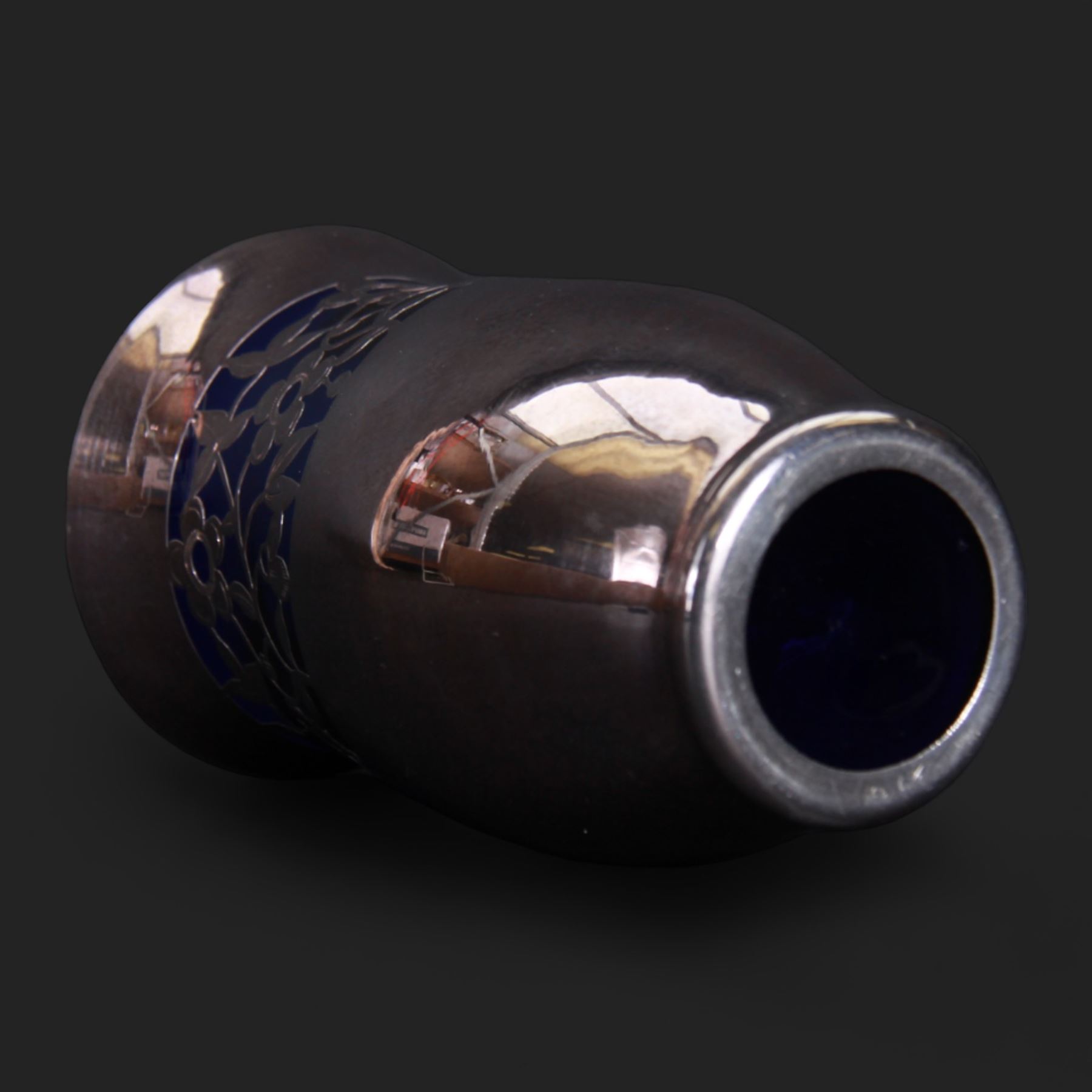 20th century Friedrich Spahr blue glass vase, decorated in silver overlay with a band of stylised flowers, marked Spahr 1000/10, H14cm  