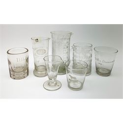 A group of Victorian and later glassware, comprising three apothecary measures, one detailed 'Crushmeter Johnson & Sons', largest H15cm, a glass mug with engraved personal dedication within a fern surround, and three tumblers. 