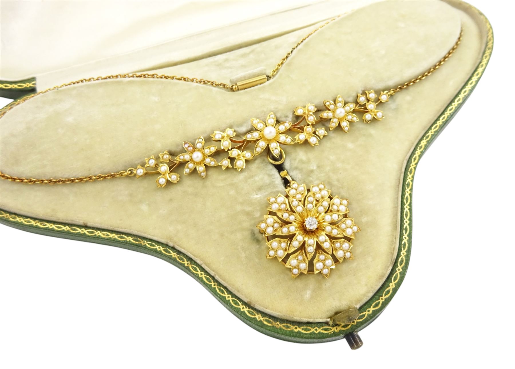 Edwardian 15ct gold split pearl flower head and foliate necklace, with detachable 18ct gold old cut diamond and split pearl flower head pendant, in fitted velvet and silk lined box