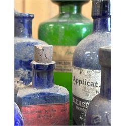 Group of thirteen 19th / 20th century blue and green glass poison or apothecary bottles, mostly with paper labels, one from A. Knowlson & Son, Easingwold. (13) - COLLECTION BY APPOINTMENT FROM: The White House, Thirsk Road, Easingwold, York, YO61 3NF - CALL 01723 507111 TO ARRANGE