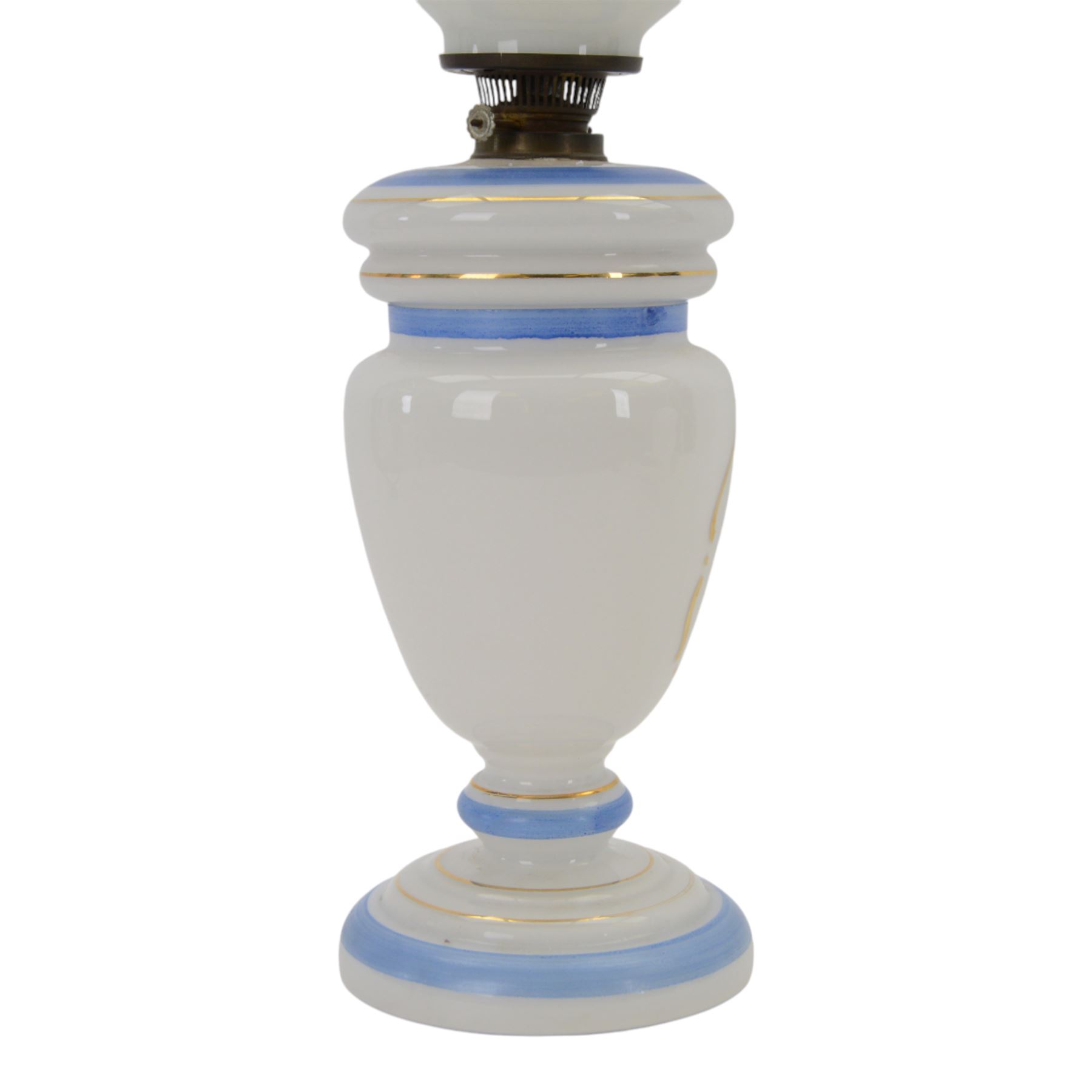 Victorian opaline glass oil lamp, with transfer printed decoration of Napoleon Bonaparte and his wife Josephine, H60cm