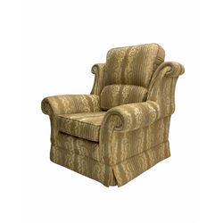Wade - traditional shape armchair, upholstered in pale cream and Regency striped fabric