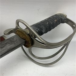 WWI 1821 pattern Royal Artillery officer's sword, the 82.5cm decorative blade by Hawksworth Sheffield etched with GVR cypher and crown, 'Royal Artillery' and field gun between scrolling foliate panels; three-bar hilt with wire-bound fish skin grip and chequered backstrap; in leather covered scabbard L99cm overall